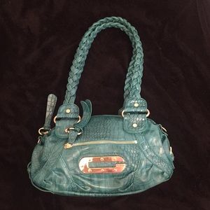 Turquoise crocodile textured shoulder purse
